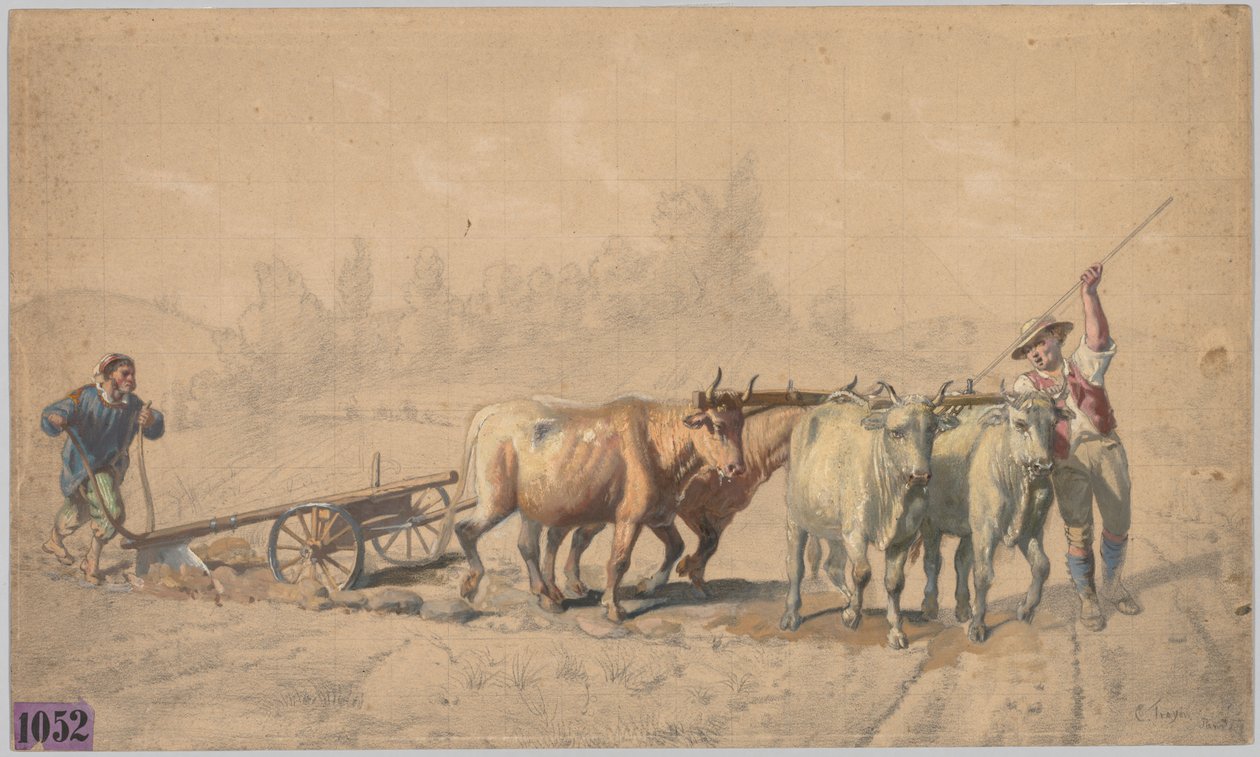 Fyra oxar som drar en plog, 1853. av Constant Troyon