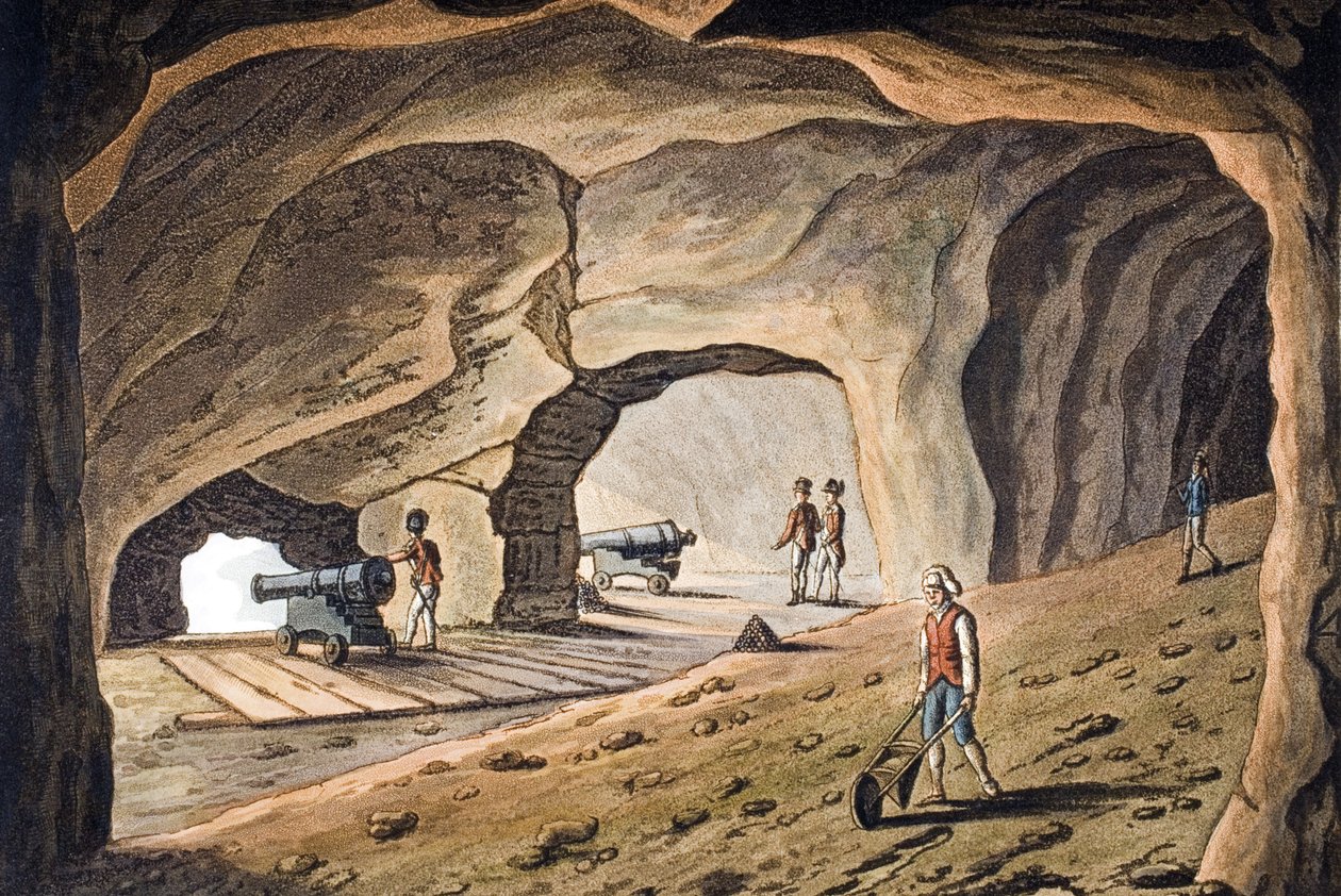 Inde i et galleri på Gibraltarklippen, indgraveret af Joseph Constantine Stadler (fl.1780-1812) swed av Cooper Willyams