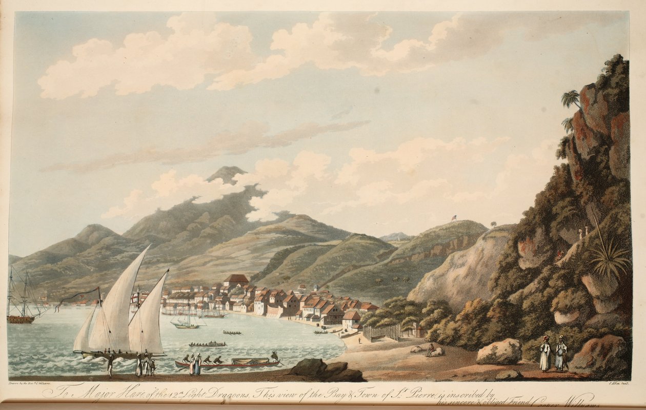 Vy över bukten och staden St. Pierre, Martinique, illustration från "An Account of the Campaign in the West Indies" av pastor Cooper Willyams, litografi av S. Alken, pub. London 1796 av Cooper Willyams