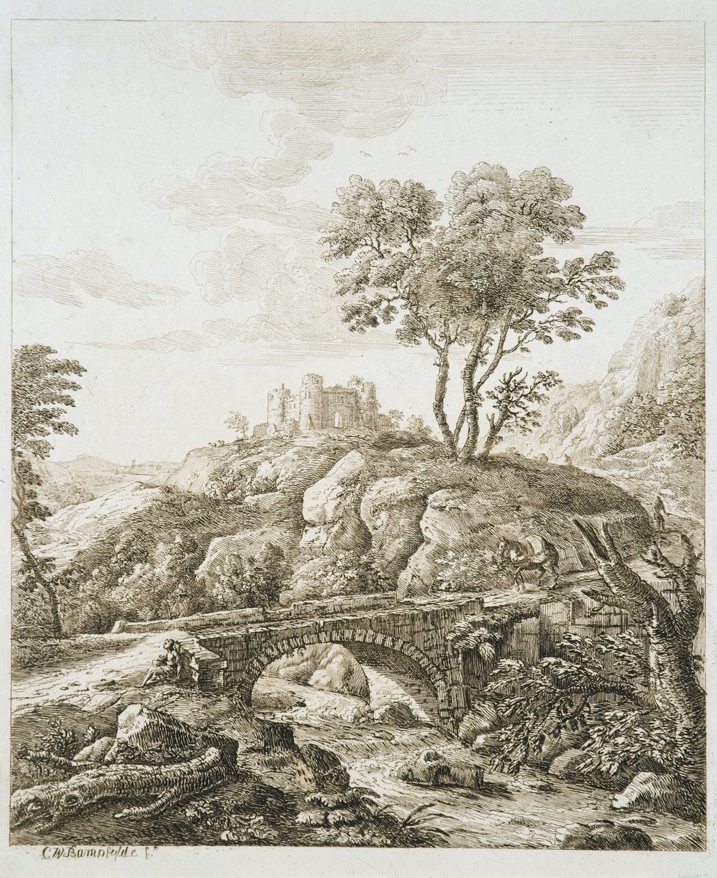 Landskap med slott (etsning på papper) av Copplestone Warre Bamfylde