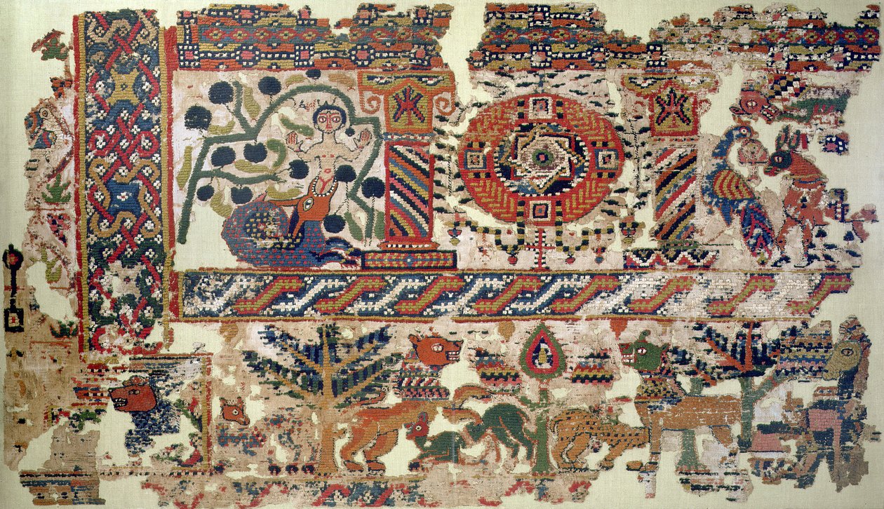 Fragment av textil föreställande Jonah and the Whale linne- och ulldetalj av 105613 av Coptic