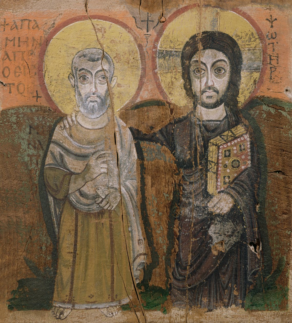Ikon som föreställer Abbott Mena med Kristus, från Baouit, 600-700-talet (tempera på panel) av Coptic