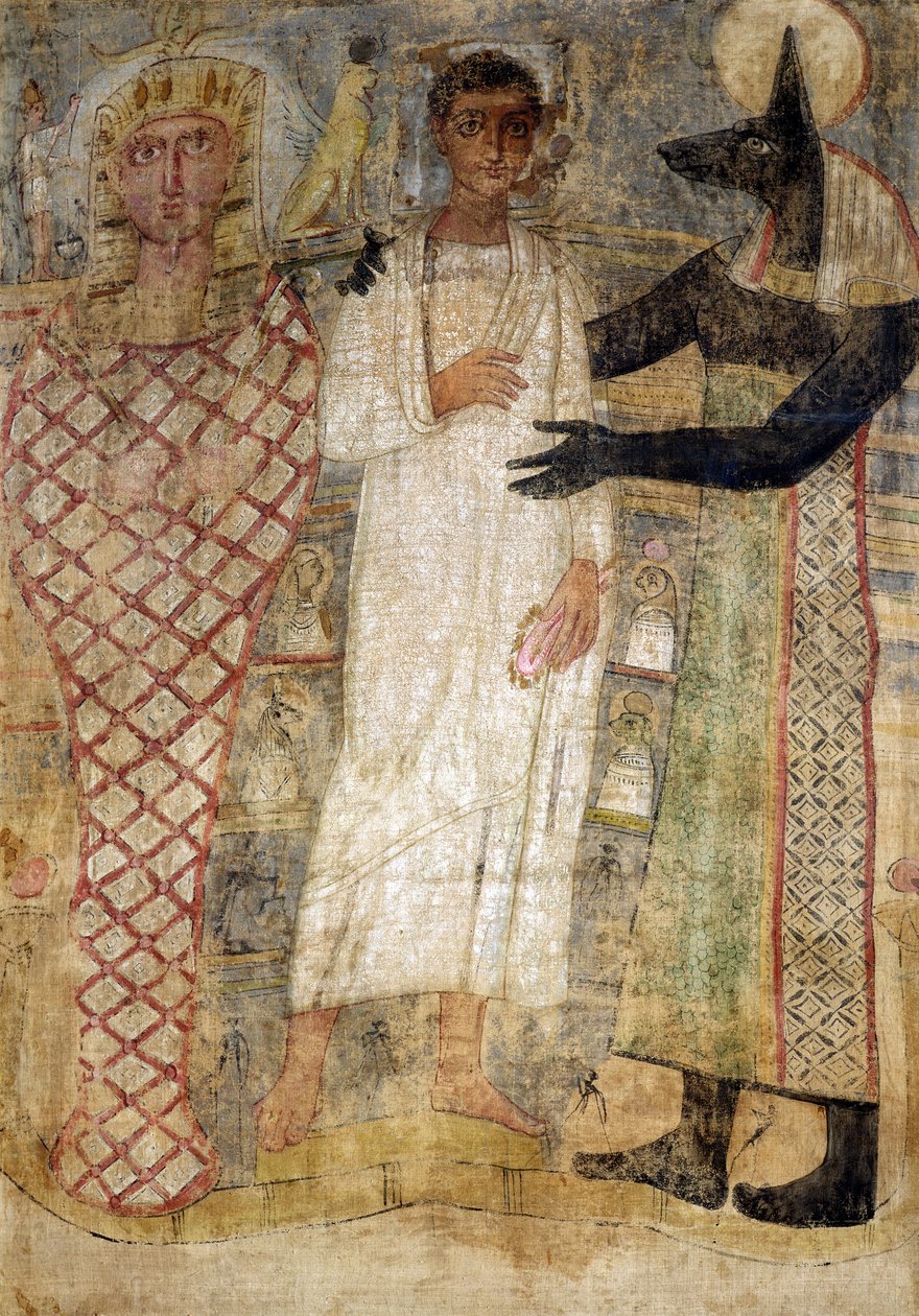 Den avlidne och hans mamma skyddas av Anubis (enkaustiskt vax på linne) av Coptic