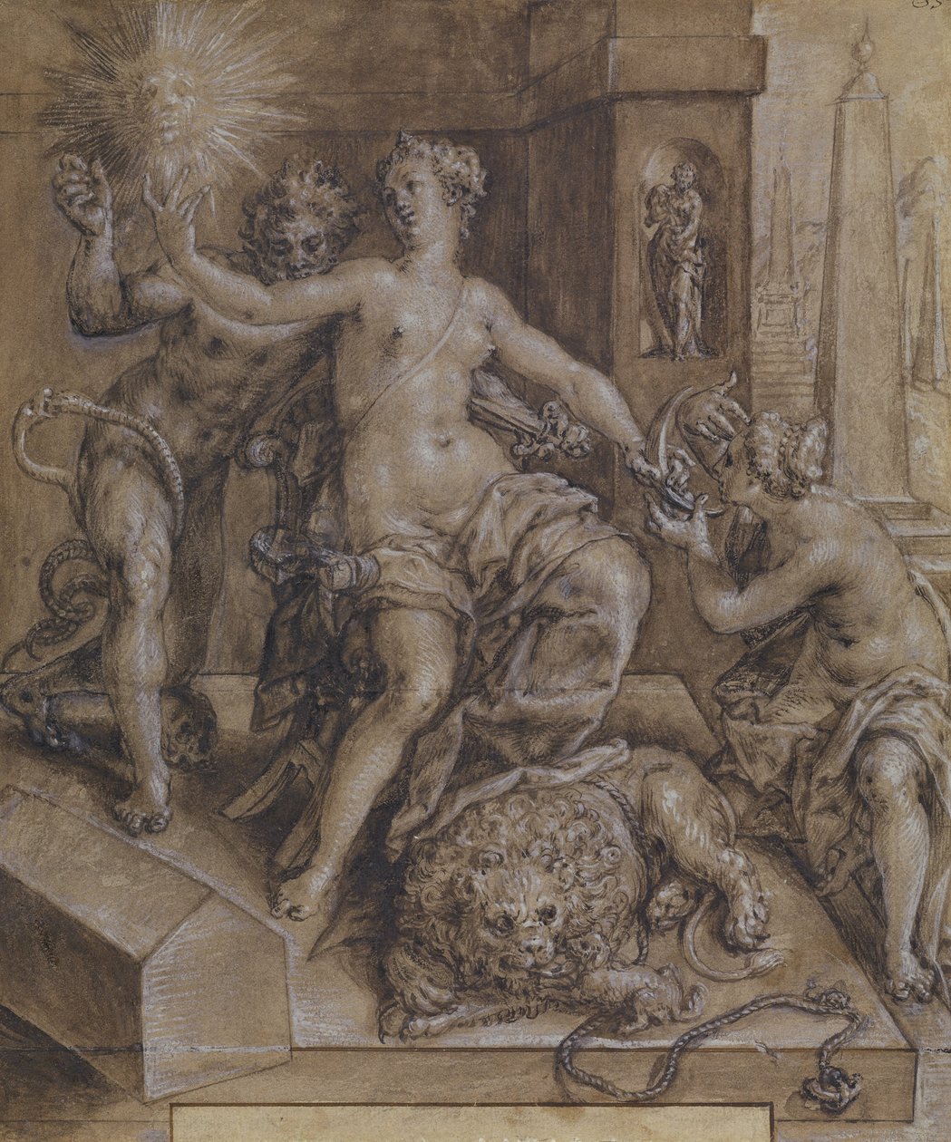 Design för den centrala delen av The Mirror of Virtue av Cornelis Ketel