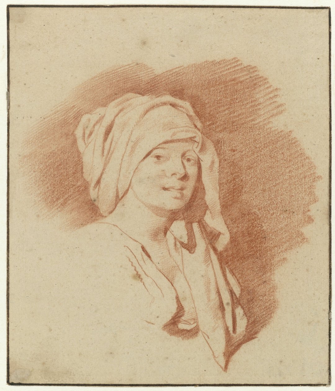 Blodteckning av en byst av en kvinna med en handduk runt huvudet av Cornelis Pietersz Bega