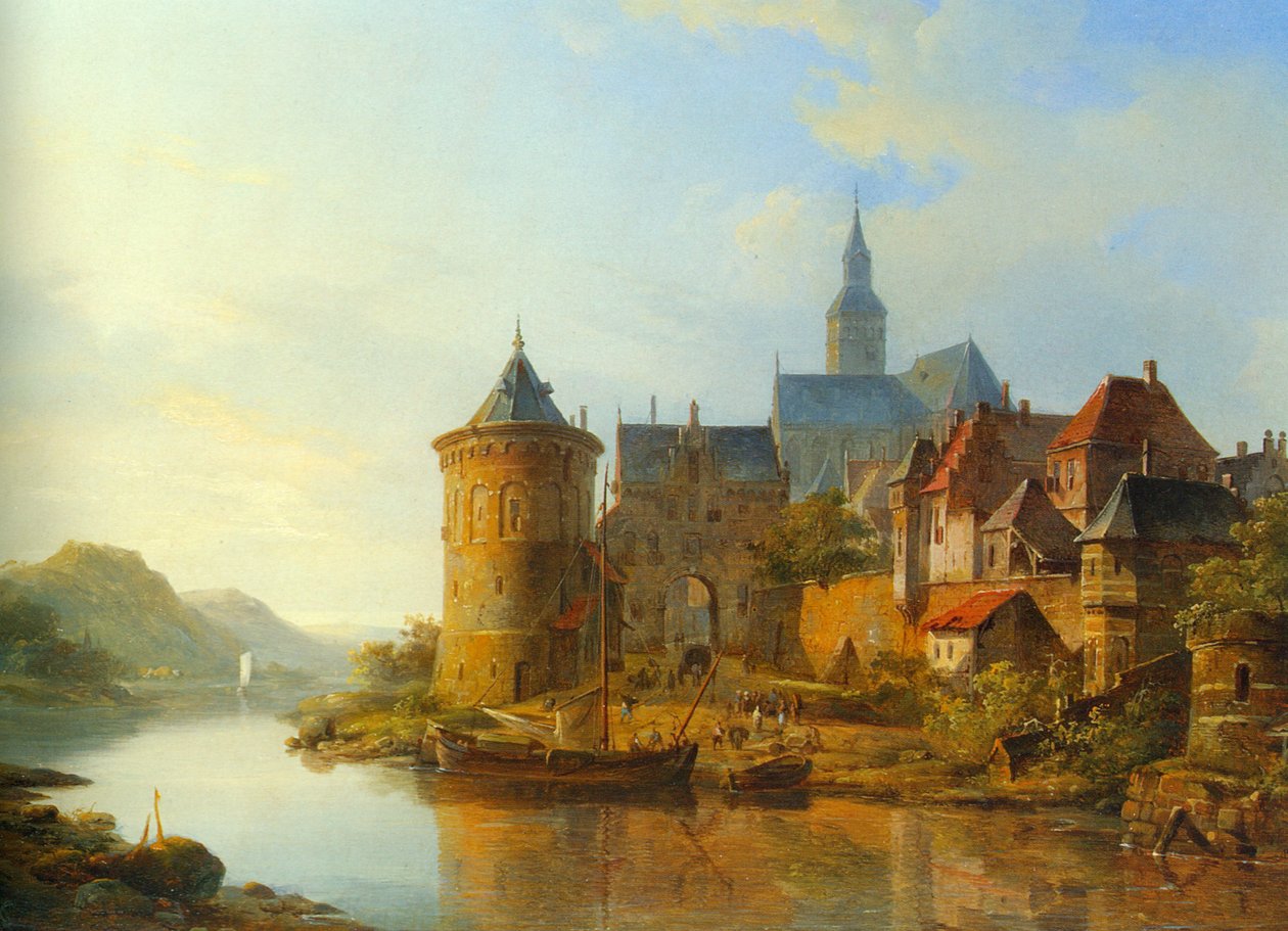 En vy över en stad längs Rhen av Cornelis Springer