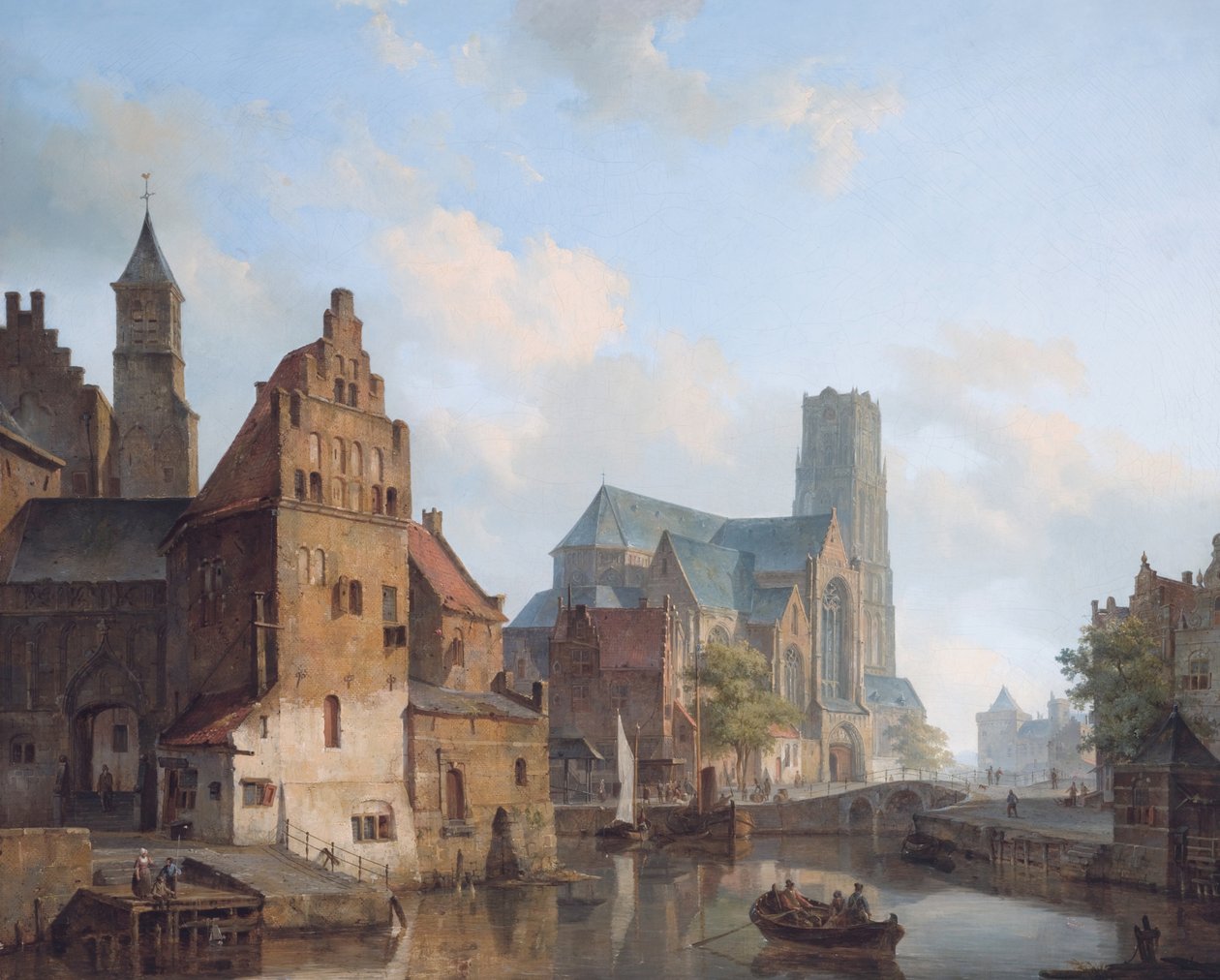 En vy över Delftse Vaart och Saint Laurens kyrka, Rotterdam av Cornelis Springer