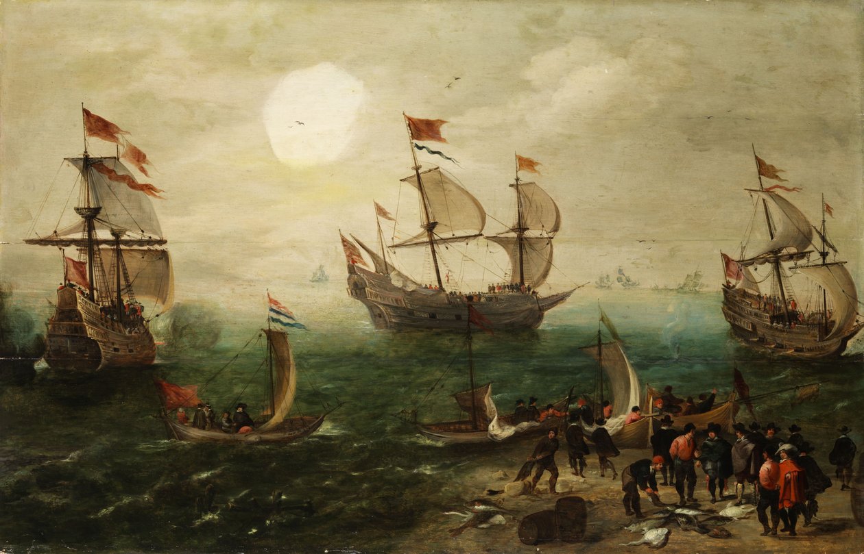 Marinbit med tre stora segelfartyg av Pieter Cornelisz. Verbeeck