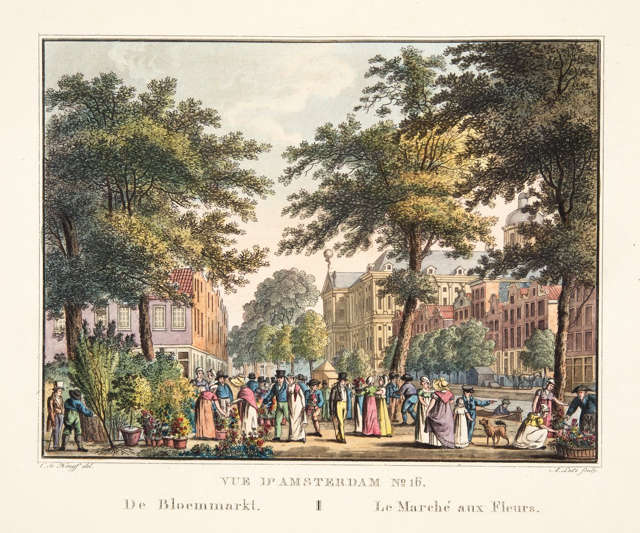 Utsikt över Amsterdam No.16. Från Bloemmarkt. Blomstermarknaden, 1825 (handfärgad gravyr) av Cornelis de Kruyff