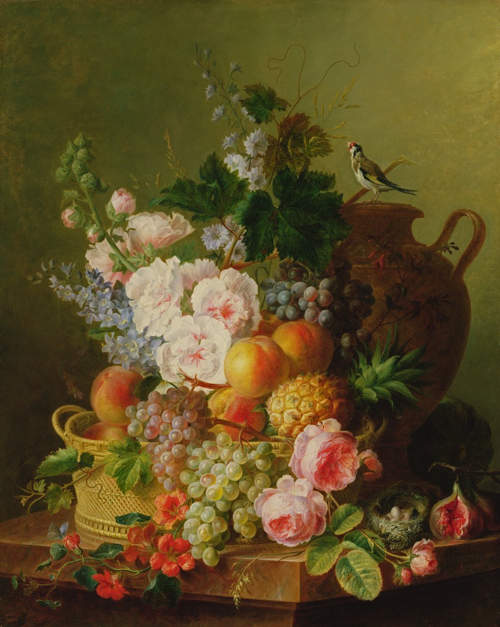 Stilleben med frukt och blommor i en korg på en ledge. av Cornelis van Spaendonck