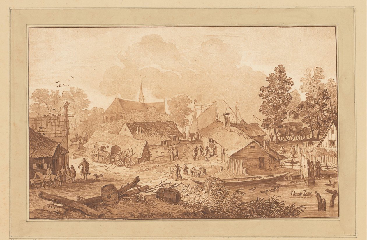 Byutsikt med damm av Cornelis Brouwer