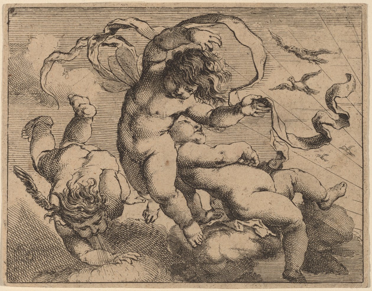 Tre flygande Putti av Cornelis Schut I