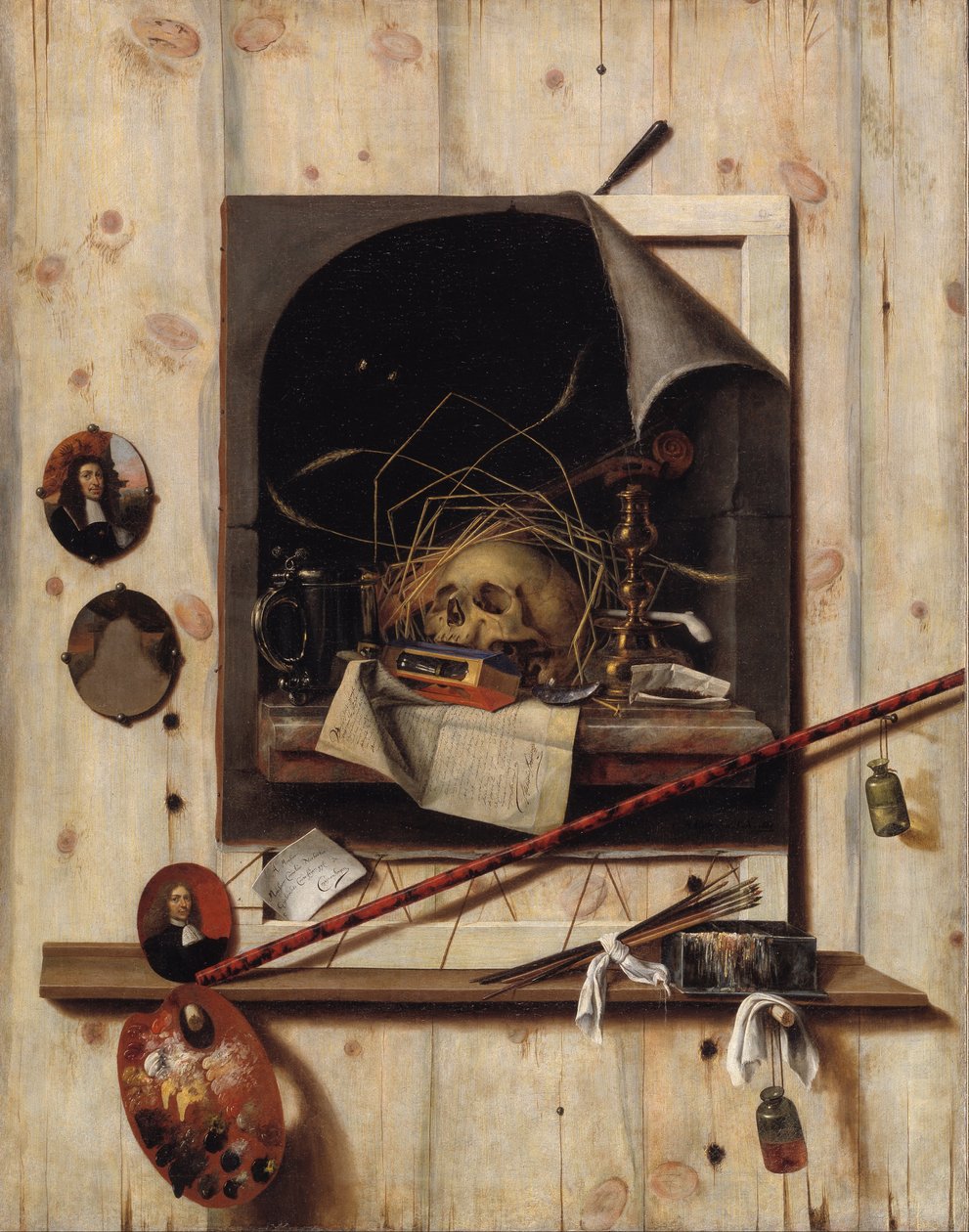 Trompe loeil med Studio Wall och Vanitas Still Life av Cornelis Norbertus Gijsbrechts