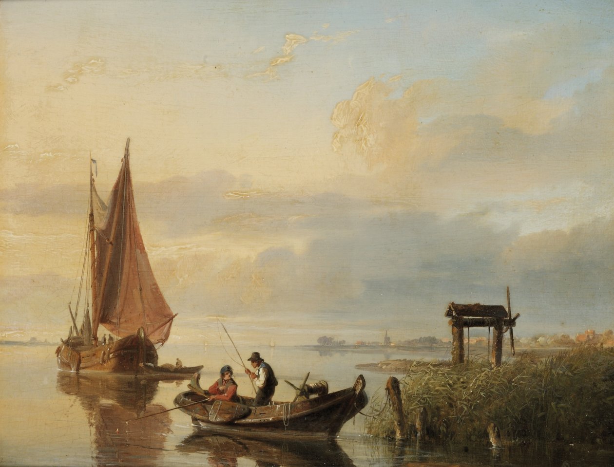 Fiskefartyg vid solnedgången av Cornelis Springer