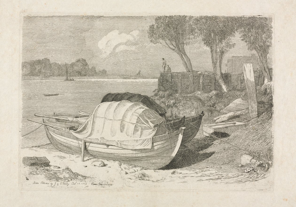 Två strandade fiskebåtar av Cornelius Varley