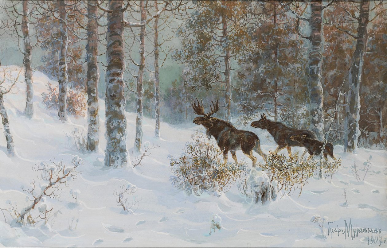 Vinterlandskap med älgar, 1907 av Count Vladimir Leonidovich Muravyov