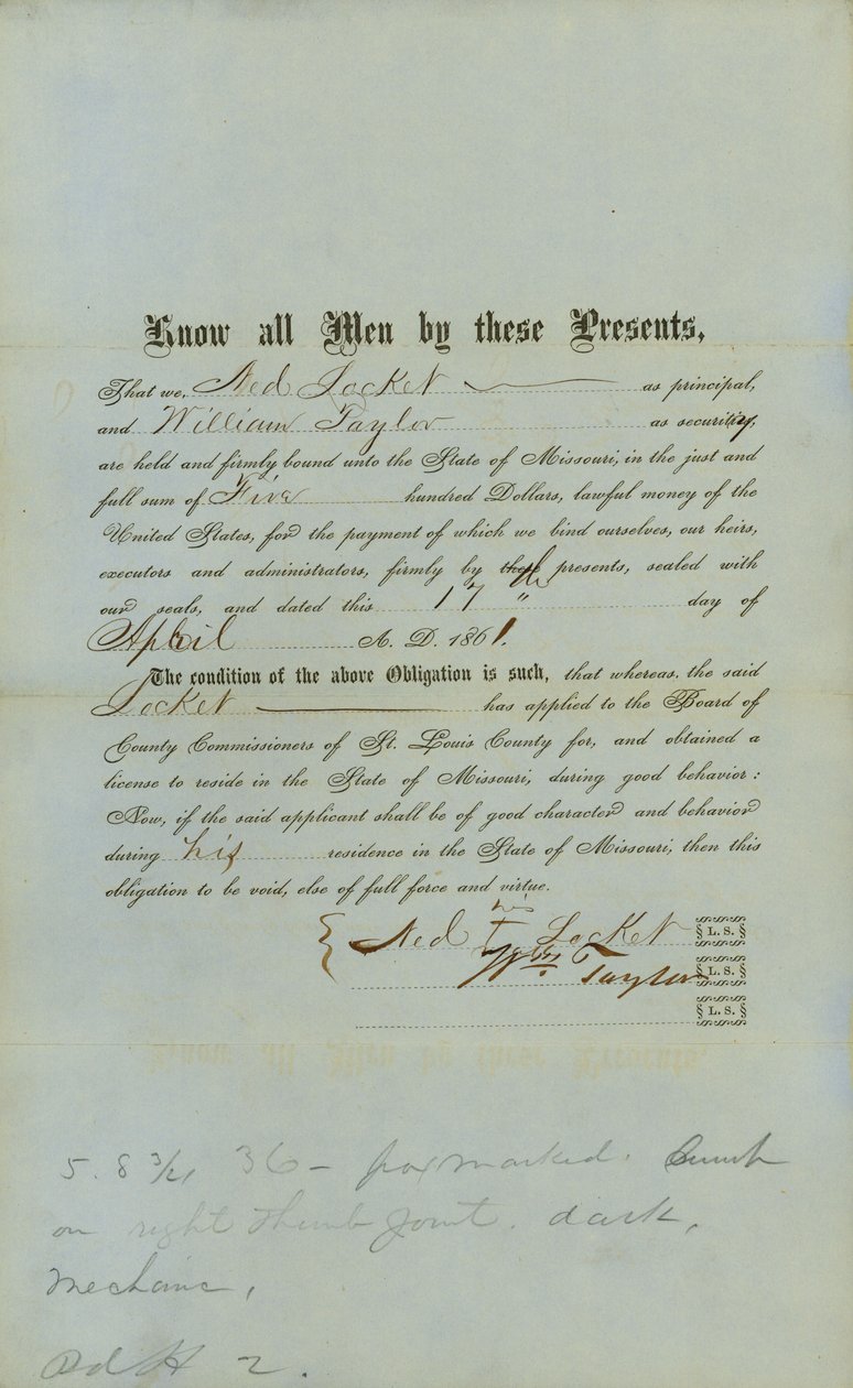 Ned Locket Free Negro Bond av County Court of St.Louis