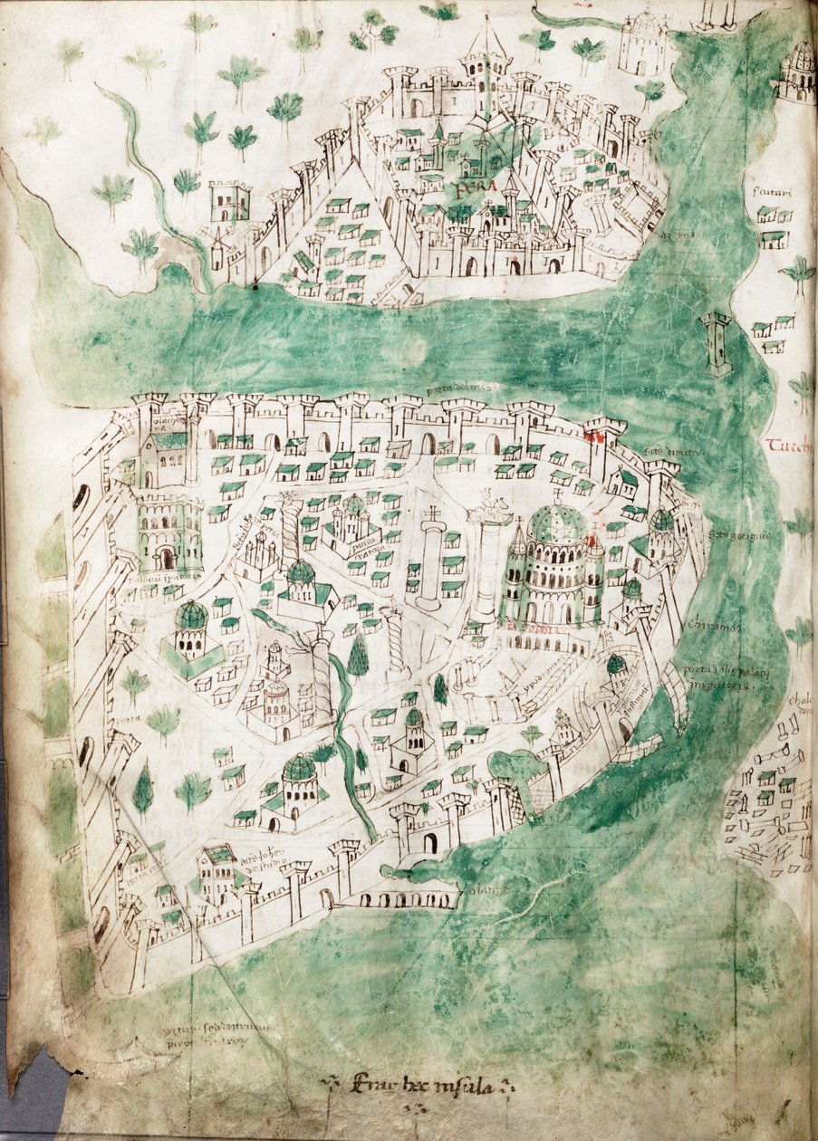 Karta över Konstantinopel, ca 1420 (Vellum) av Cristoforo Buondelmonti