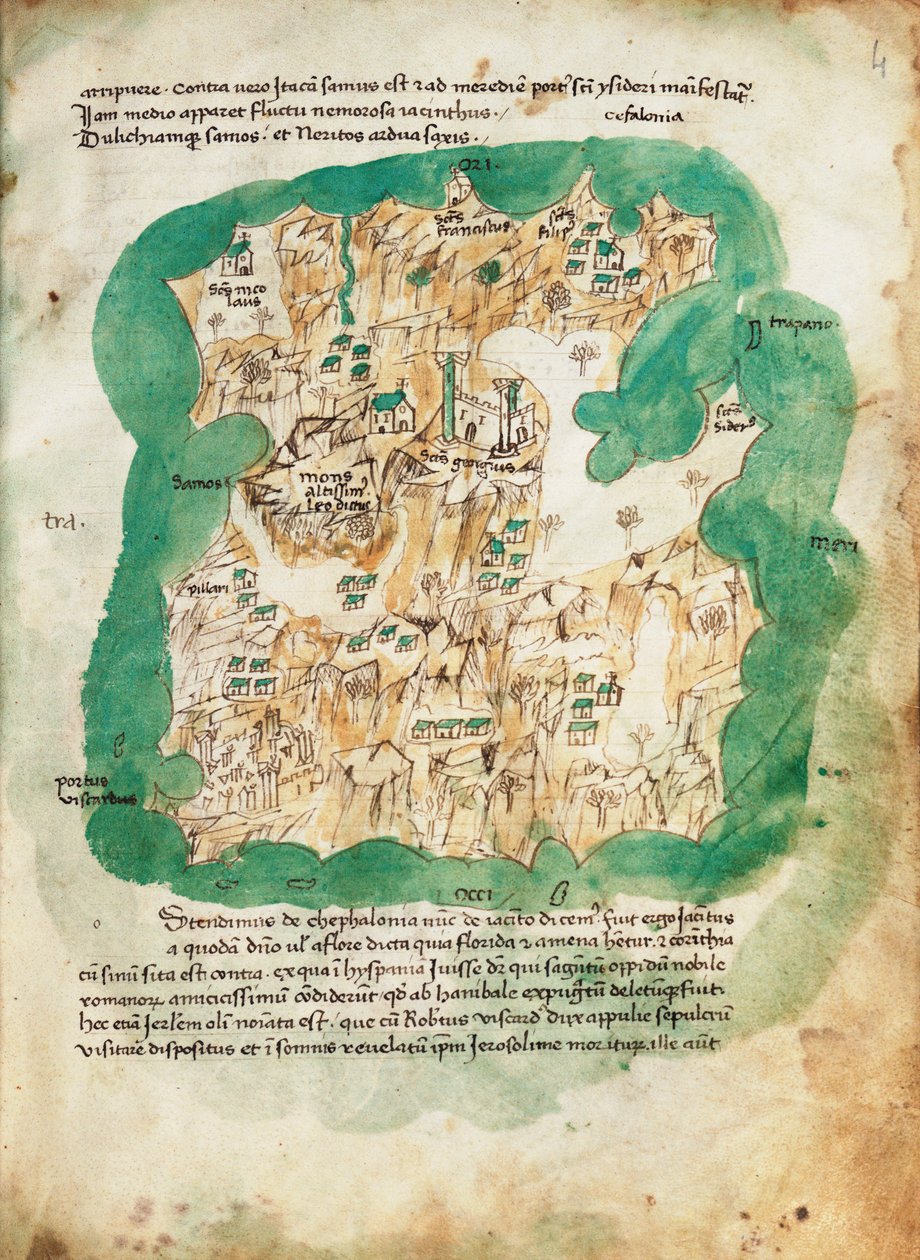 Karta över Kefalonia, ca 1420 (pergament) av Cristoforo Buondelmonti