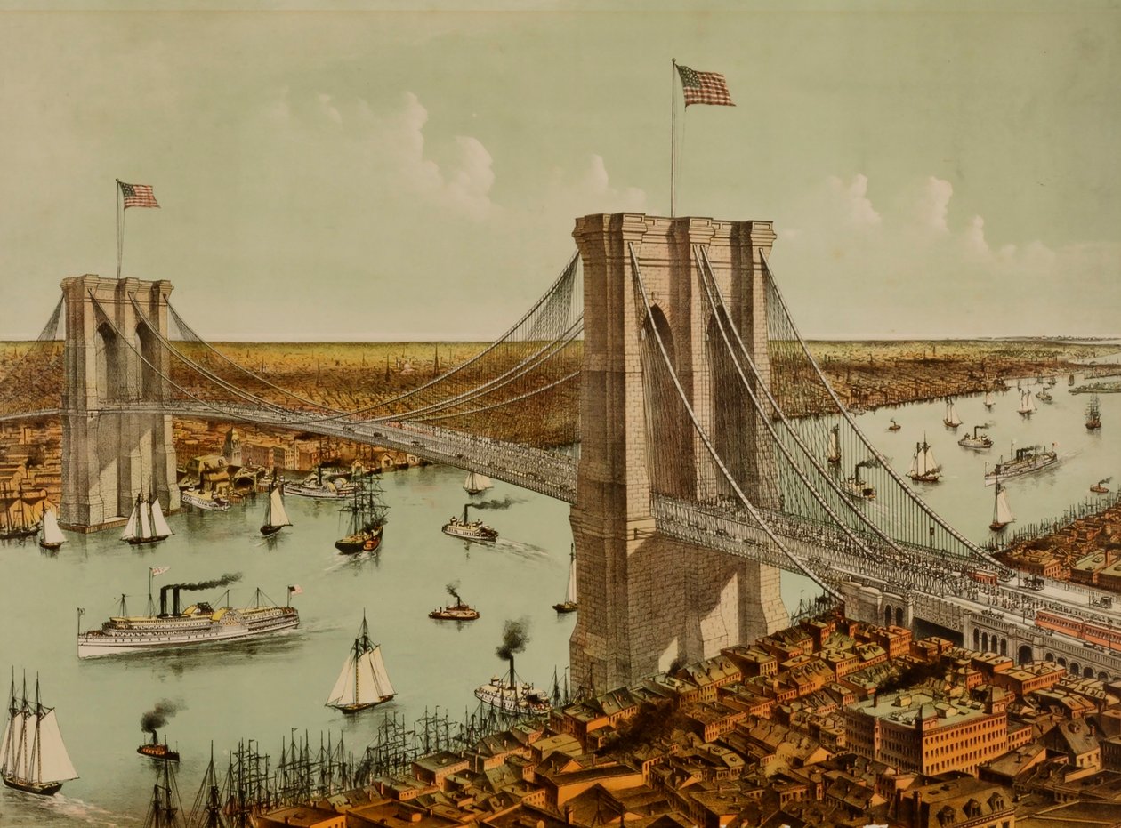 Stora hängbron över East River av Currier and Ives