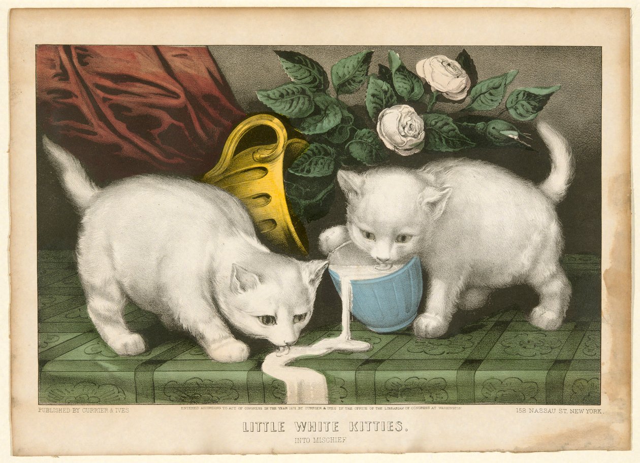 Små vita kattungar i bus av Currier and Ives