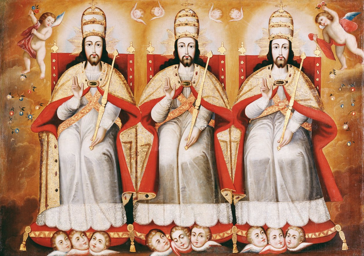 The Enthroned Trinity som tre identiska figurer av Cuzco School