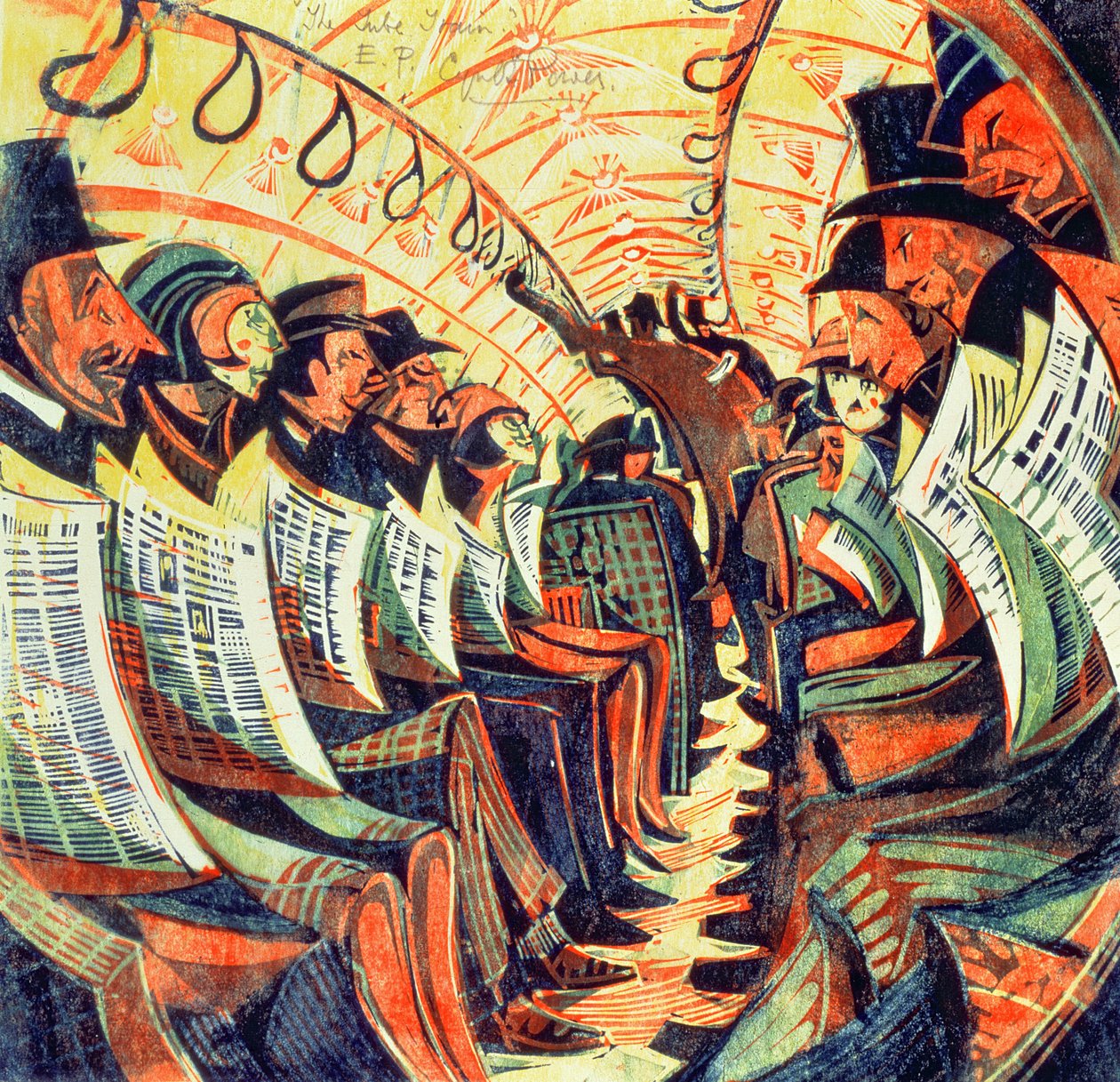 Tunnelbanetåget, ca 1934 (linosnitt) av Cyril Edward Power
