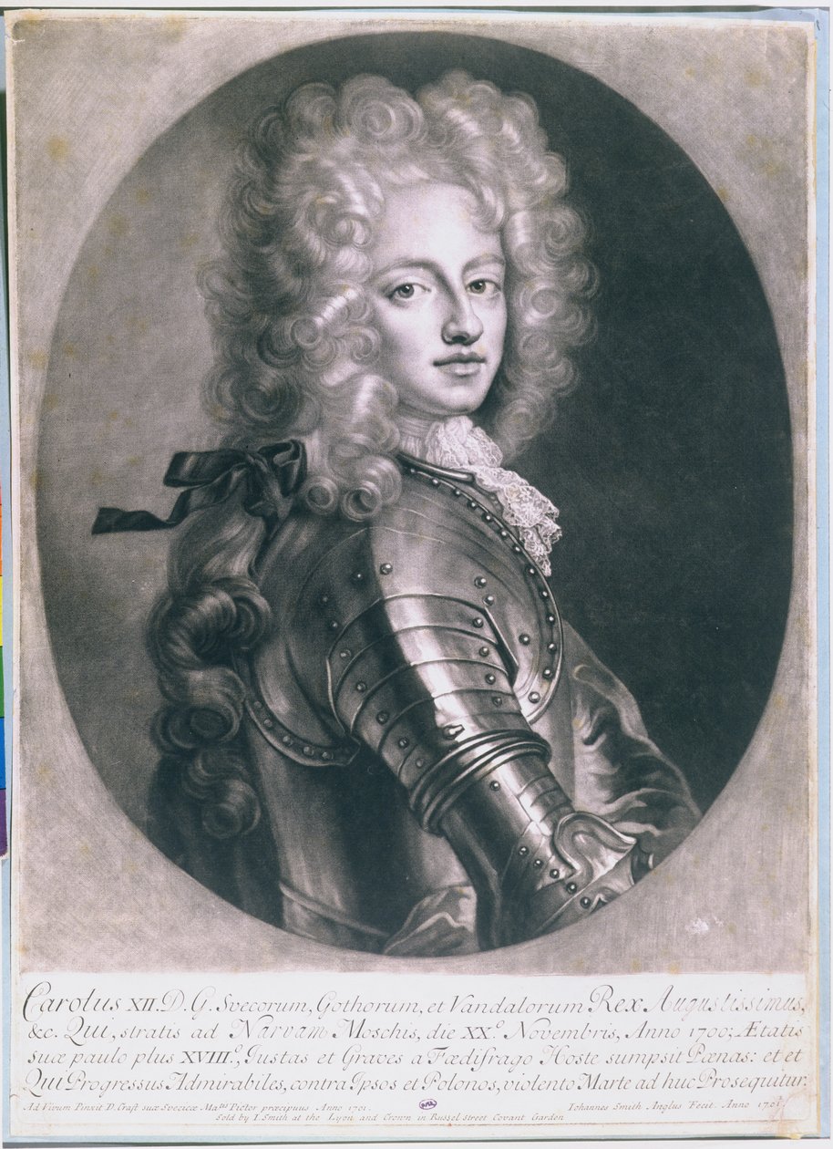Sveriges kung Karl XII (1682-1718), graverad av John Smith, 1701 av D. Craft