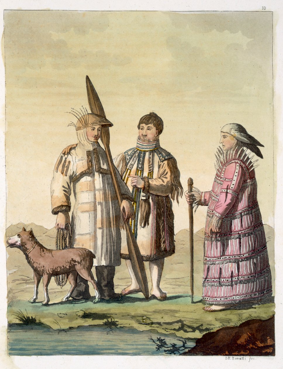 Män och kvinnor från Alaska klädda för fiske (färggravyr) av D.K. Bonatti