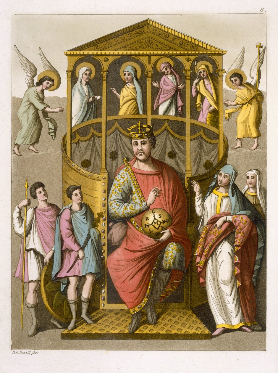 Karl II (823-77) den skallige, efter ett manuskript i Colbergbiblioteket, tavla 8 från "Le Costume Ancien et Moderne", av Jules Ferrario, publicerad på 1820-30-talen. av D.K. Bonatti