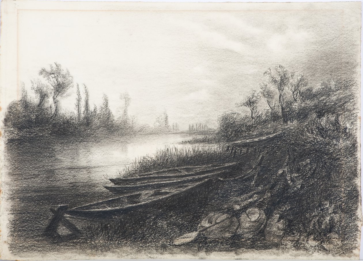 Flodscen med båtar, ca 1916 (kol på papper) av Daniel Oliver