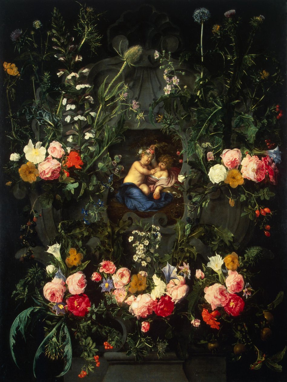 Garland of flowers around a cartouche with Jesus and St. John the Baptist as children. av Daniel Seghers