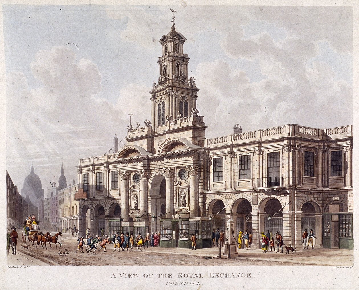 Royal Exchange 2:a exteriören, London, 1816 av Daniel Havell