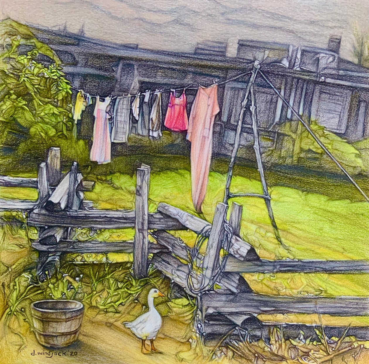 The Clothesline, 2020 (blyerts på papper) av Darrell Windjack