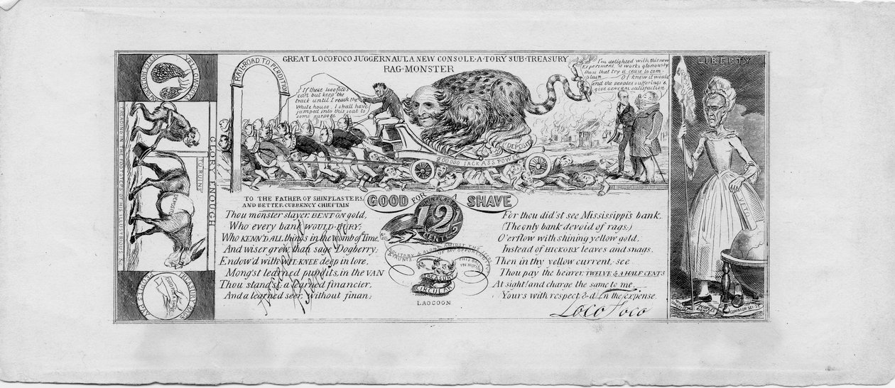 Stor locofoco juggernaut: ett nytt konsol- och skattemässigt underskattningsmonster, ca 1837 (kopparstick) av David Claypoole Johnston
