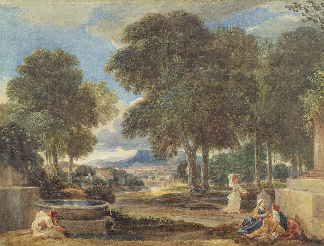 Landskap med en man som tvättar sina fötter vid en fontän, efter Nicolas Poussin (1594-1665) av David Cox