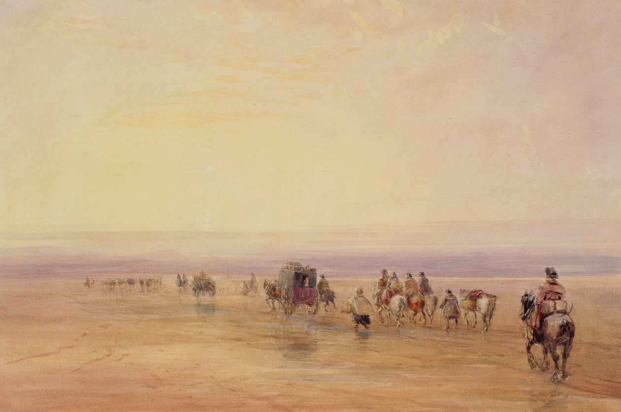 On Lancaster Sands, Sunset (Crossing Lancaster Sands) c.1835 (wc och kroppsfärg över grafit på papper) av David Cox