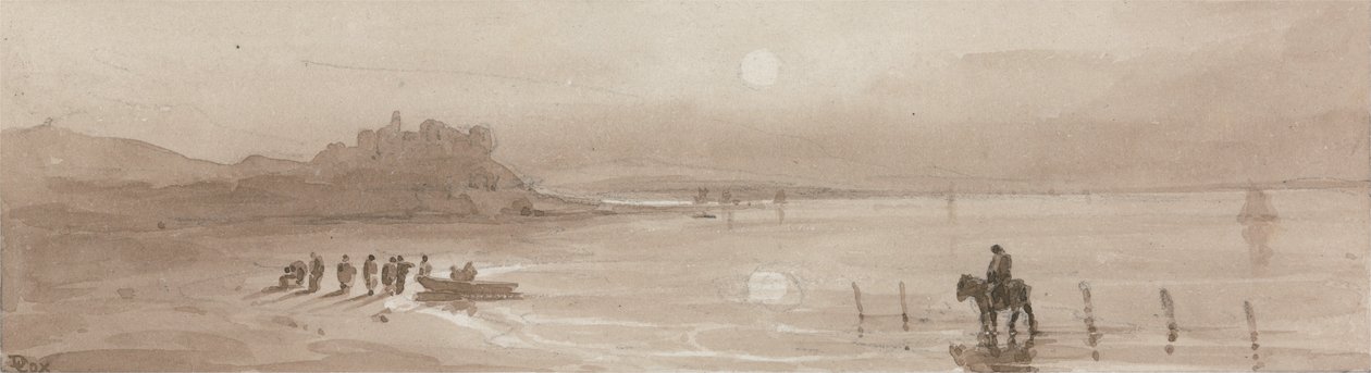 Havskust, solnedgång med Harlech Castle av David Cox