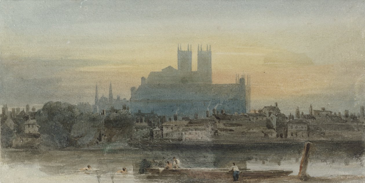 Westminster från Lambeth, ca 1813 (wc över grafit med utskrapa på papper) av David Cox