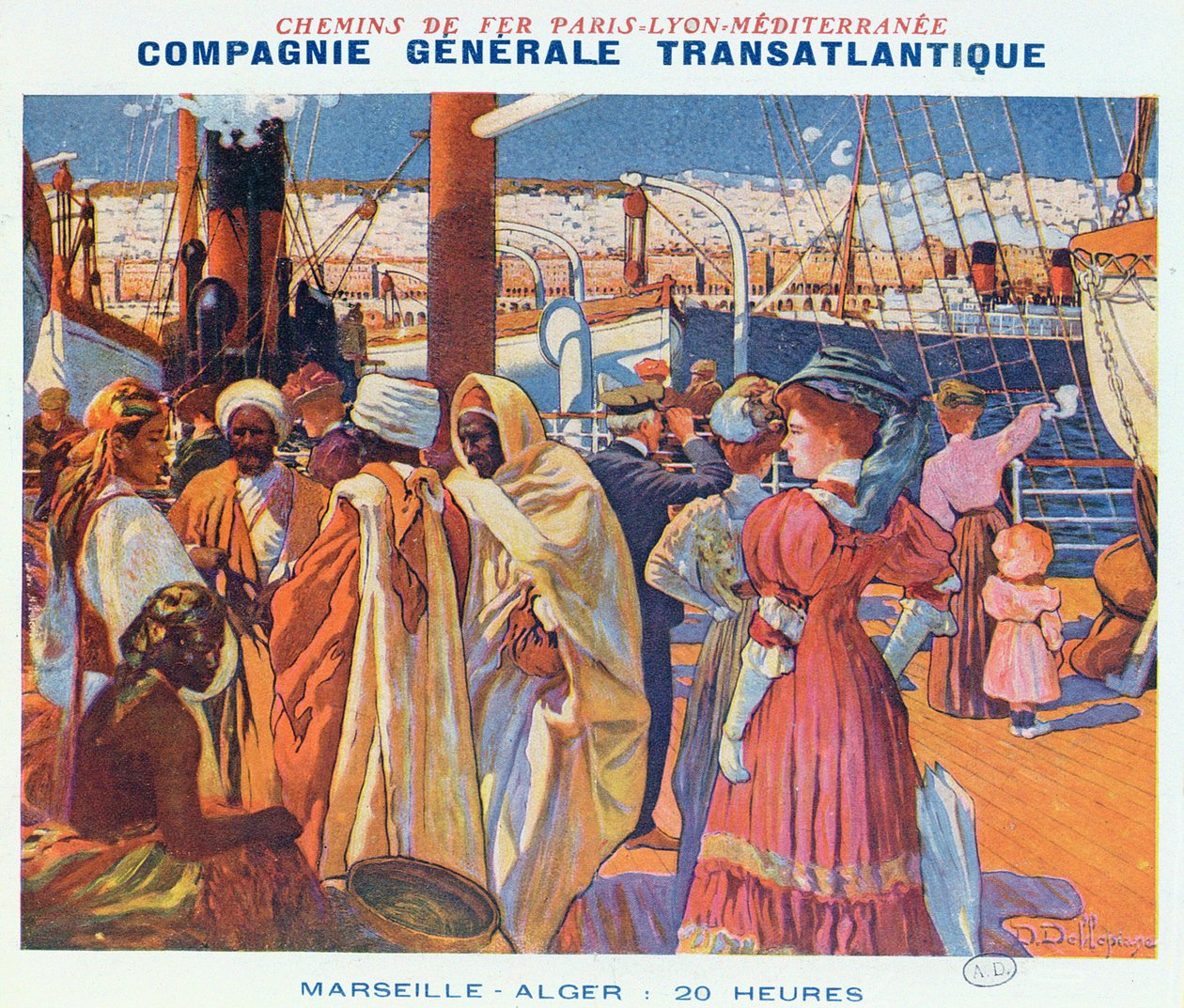 Affisch som gör reklam för "Compagnie Generale Transatlantique", en båtförbindelse från Marseille till Alger på 20 timmar, 1909. av David Dellepiane