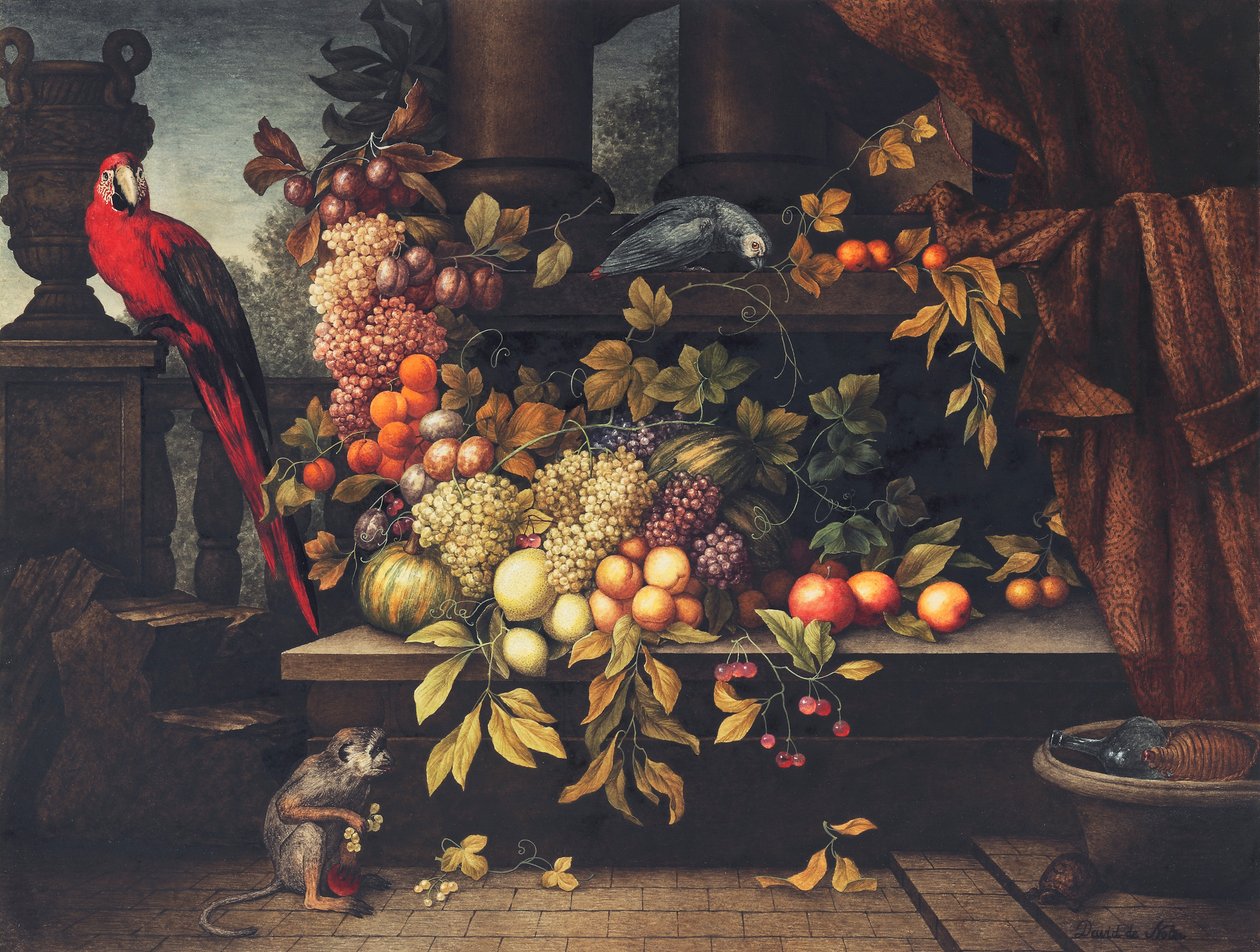 Ett stilleben med frukt, vinkyl, apa, papegojor och en sköldpadda i en portik av David Emil Joseph de Noter