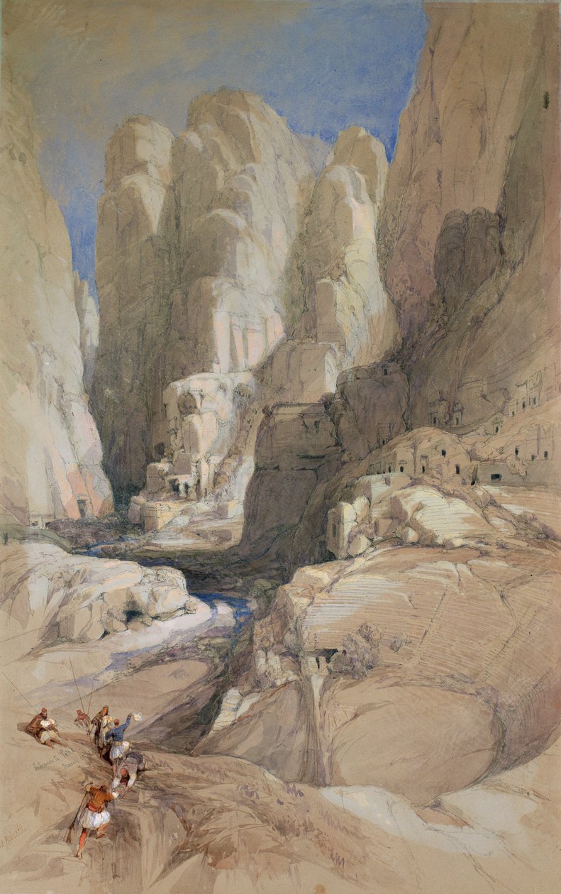 Ingången till Petra, Jordanien, 1839 (wc förhöjd med vitt på ljusgrått papper) av David Roberts