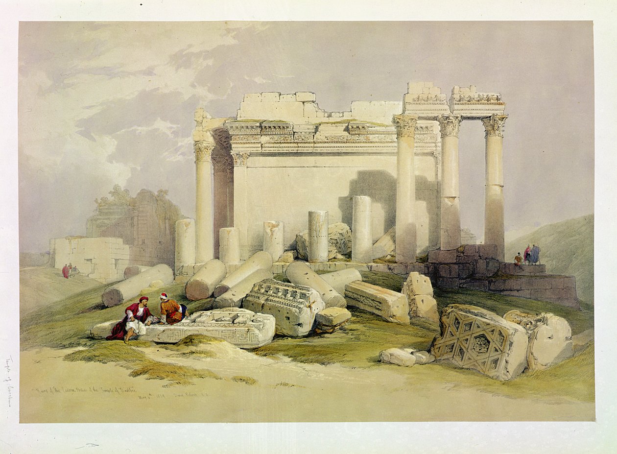 Ruinerna av den östra portiken av Temple of Baalbec, 6 maj 1839, skylt 83 från volym II av "The Holy Land", graverad av Louis Haghe (1806-85) pub. 1843 av David Roberts