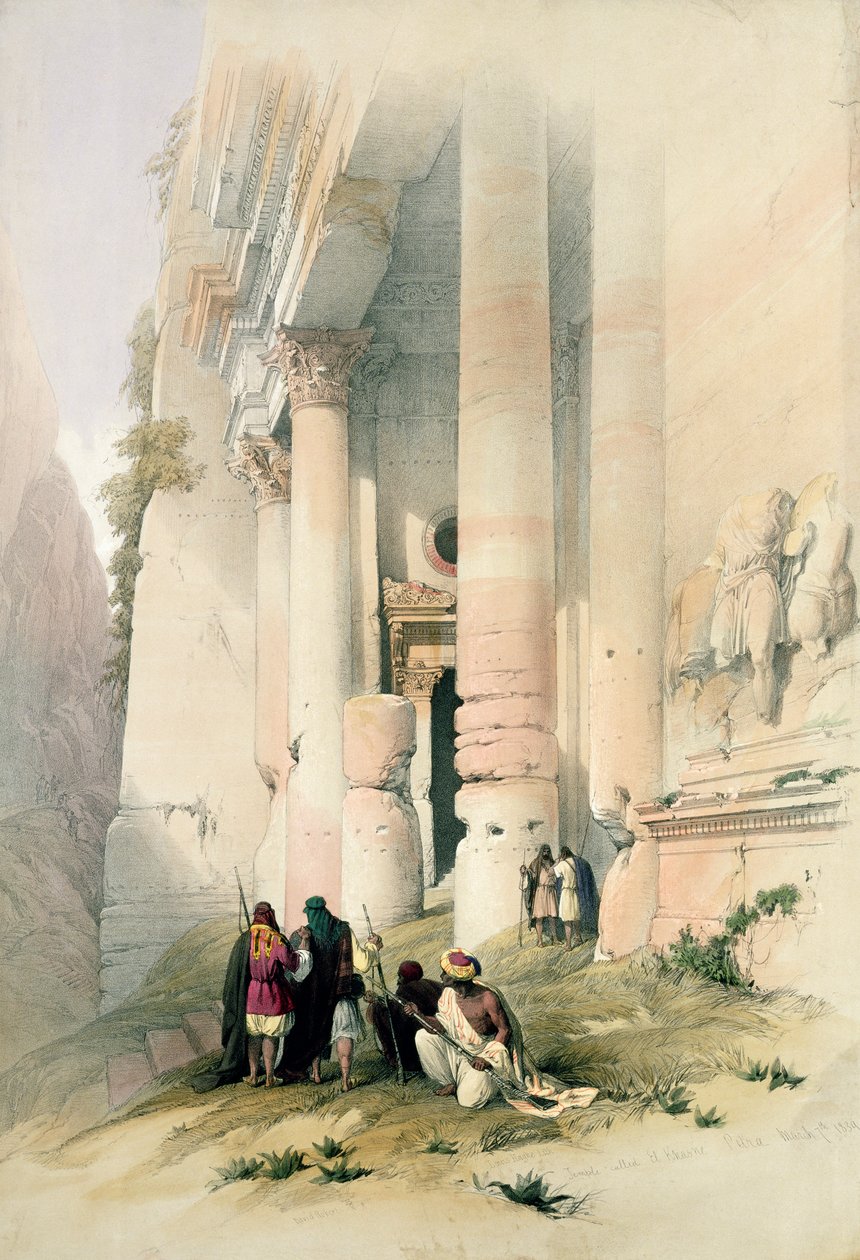 Templet kallat El Khasne, Petra, 7 mars 1839, skylt 94 från volym III av "The Holy Land", graverad av Louis Haghe (1806-85) pub. 1849 av David Roberts