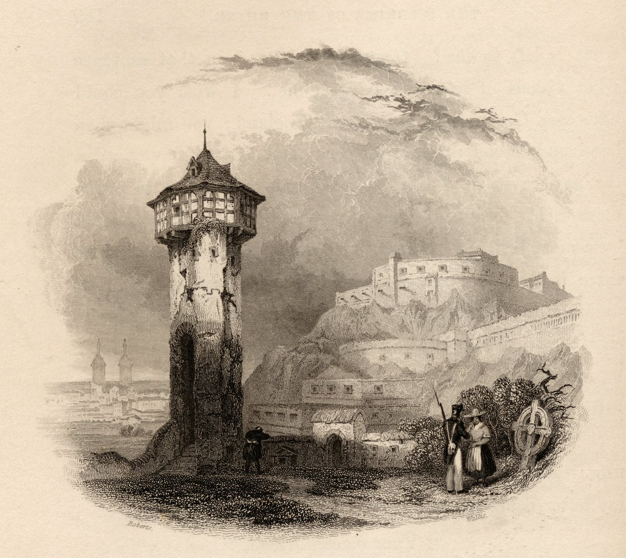 Det romerska tornet i Thal, Ehrenbreitstein, graverat av Wallis, illustration från 