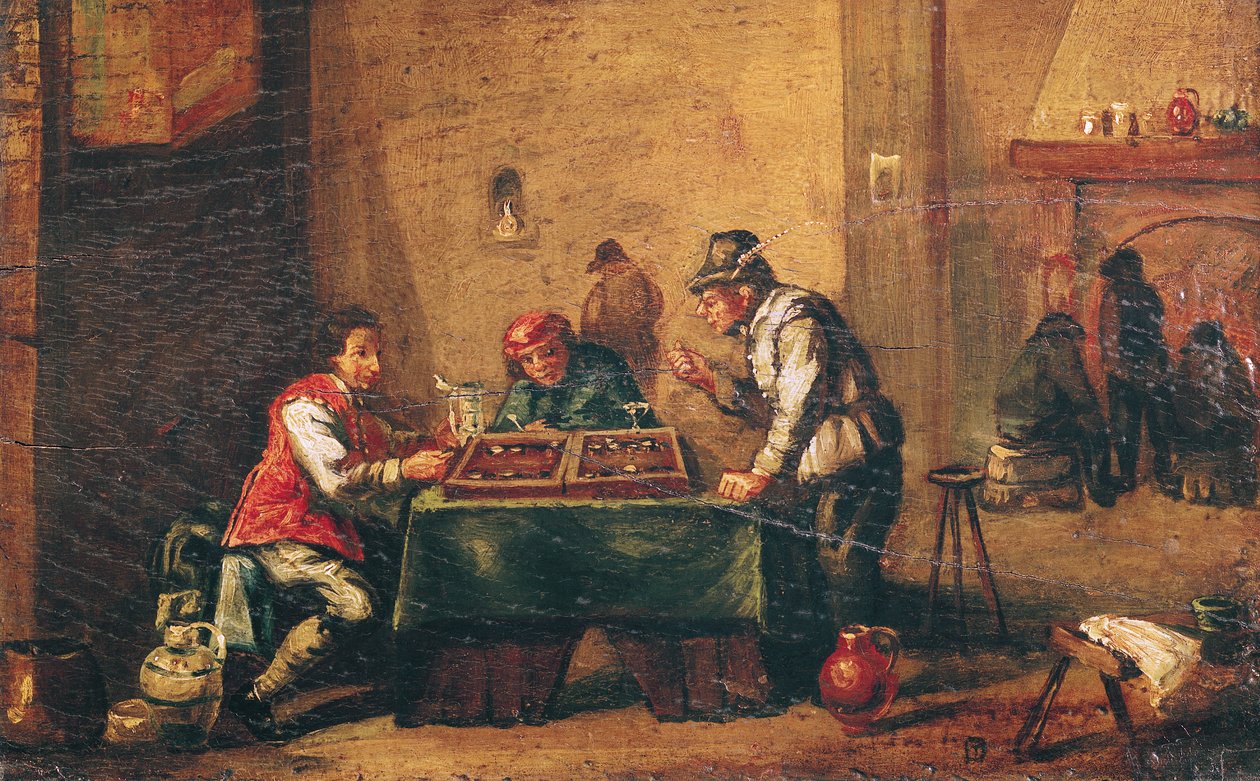 Mænd, der spiller backgammon i et værtshus swed av David Teniers the Younger