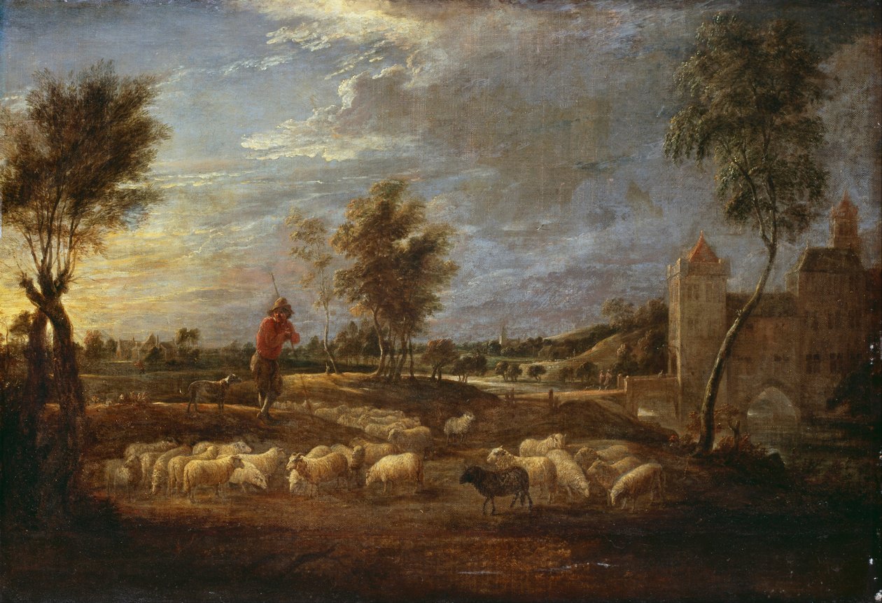 Solnedgångslandskap med en herde och hans flock av David Teniers the Younger