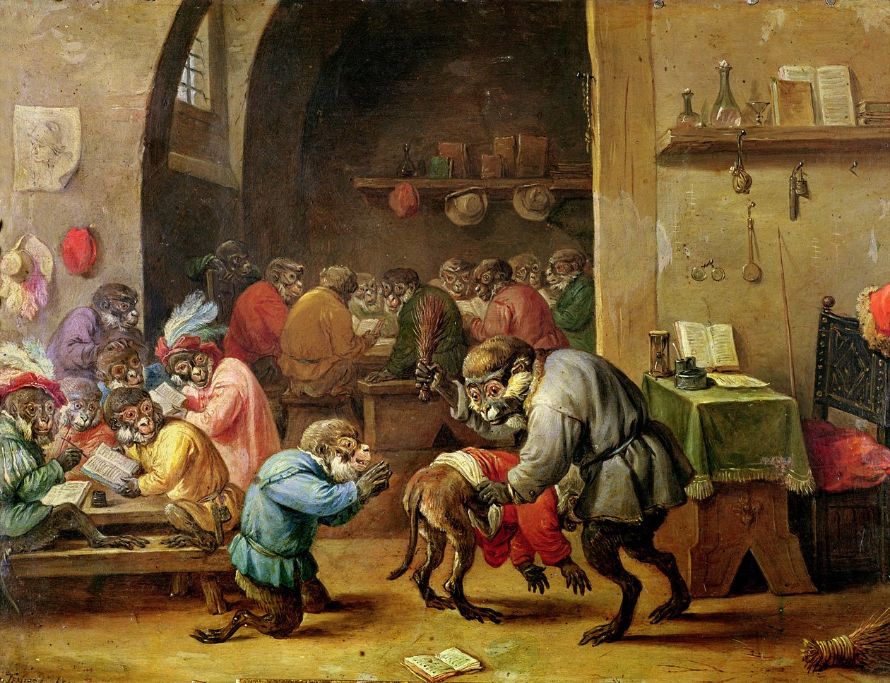 Aporna i skolan (olja på koppar) av David Teniers the Younger