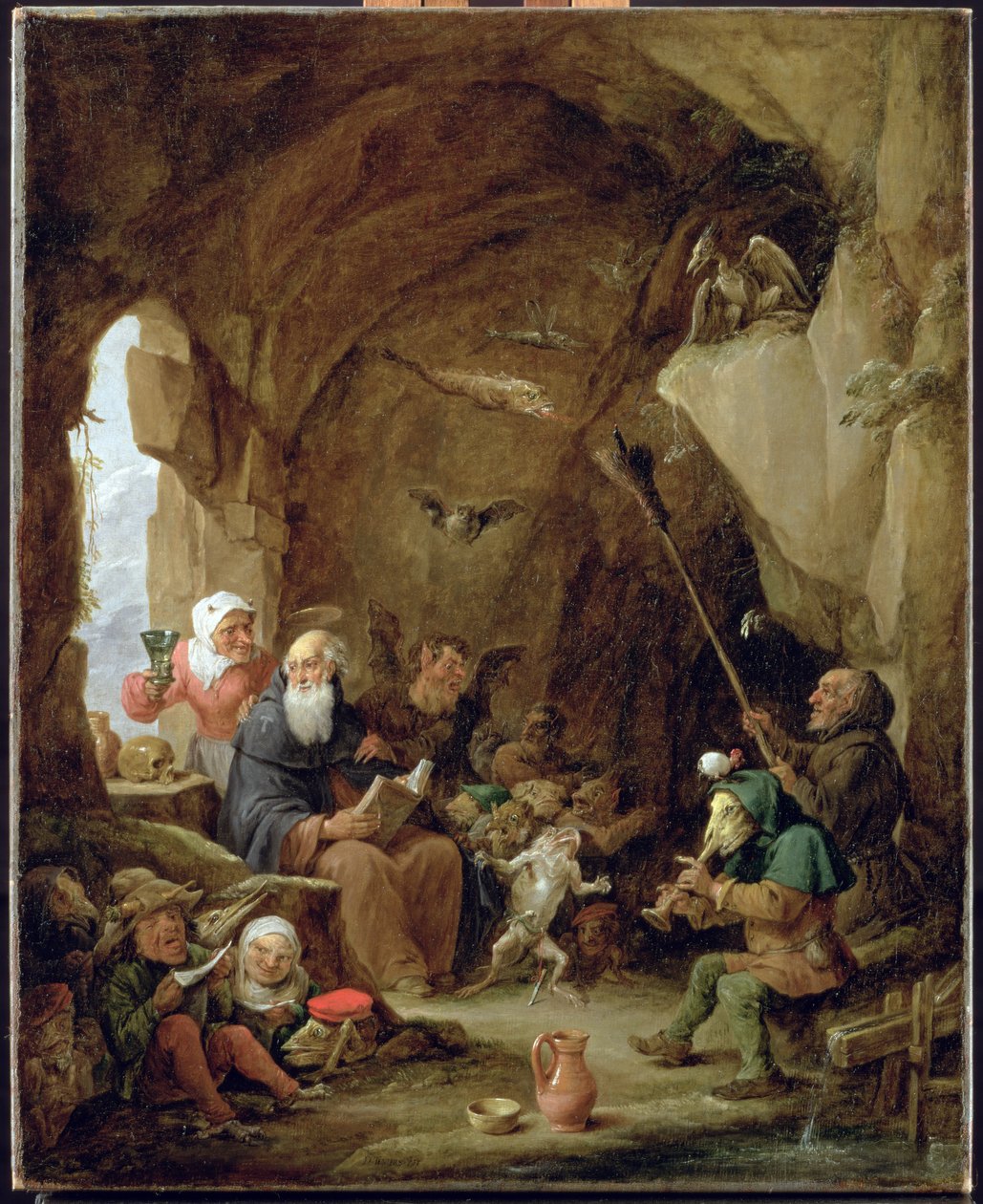 Frestelsen av St. Anthony i en stenig grotta av David Teniers the Younger