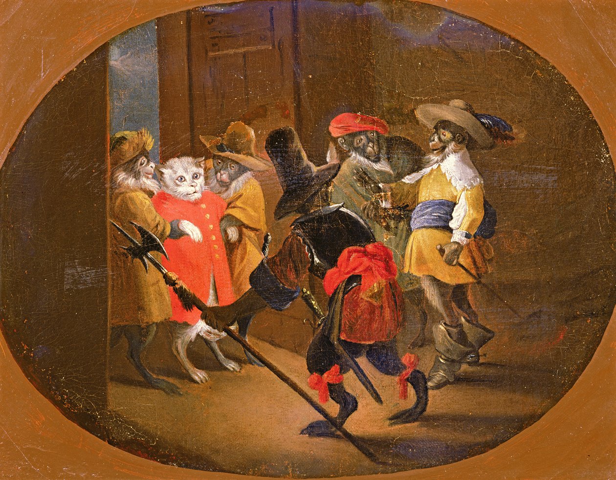 Apor förklädda till soldater och för dem till en kattofficer av David Teniers the Younger